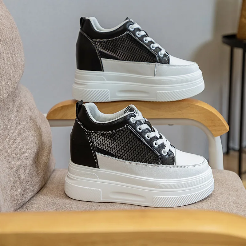 7CM Height Increase Women Platform Sneakers White Mesh Hollow Breathable Spring Summer Elevator Shoes Comfortable Thick  Casual