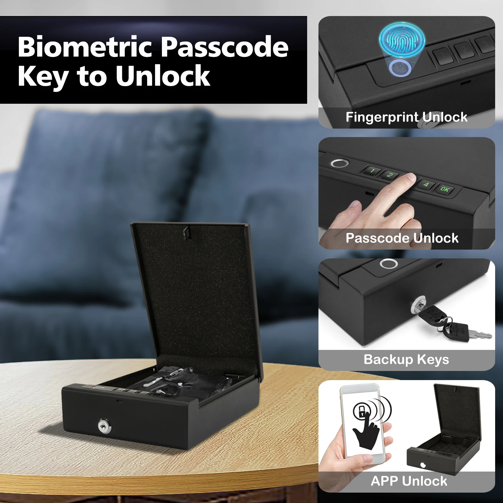 Biometric Technology Portable Gun Safe Box Tuya APP Password Fingerprint Key Unlock Cold-rolled Steel Material Safe Security Box