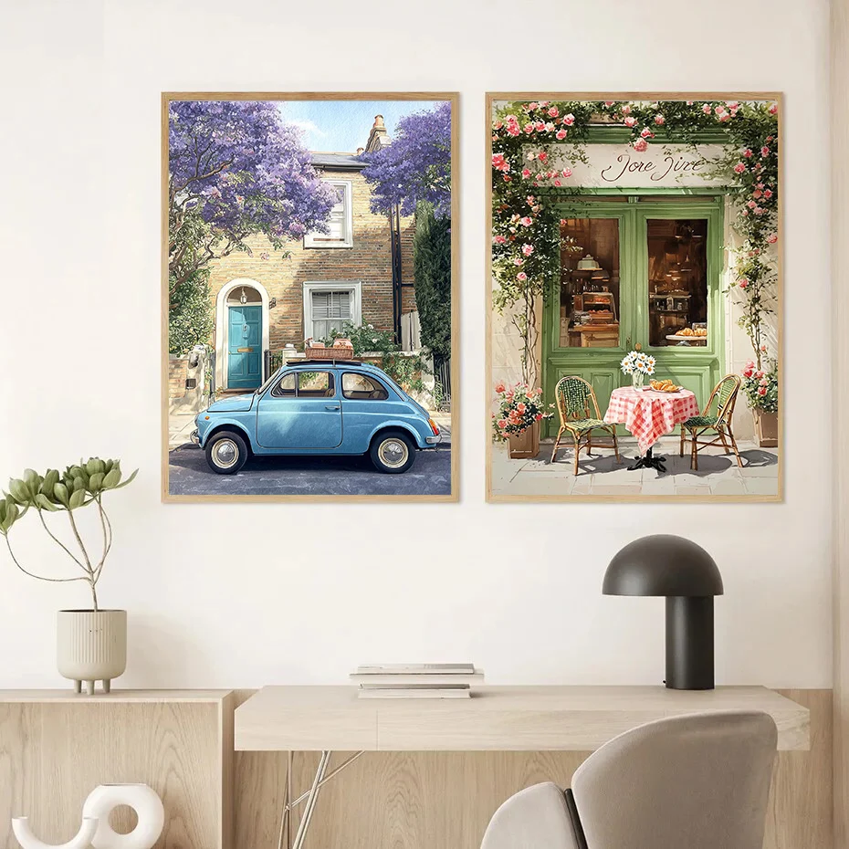Frameless canvas paintings,Cozy European Café Watercolor Paris Blue Car Poster Print Canvas Painting for Kitchen Living Room Hom