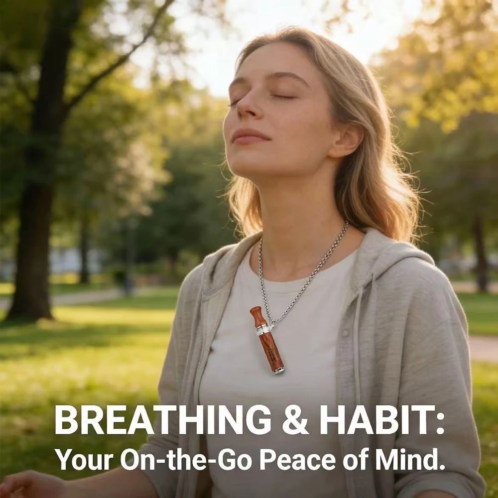 Natural Wooden Mindfulness Breathing Necklace Meditation Stainless Steel Pendant Natural Calm Anxiety Relief for Women Men