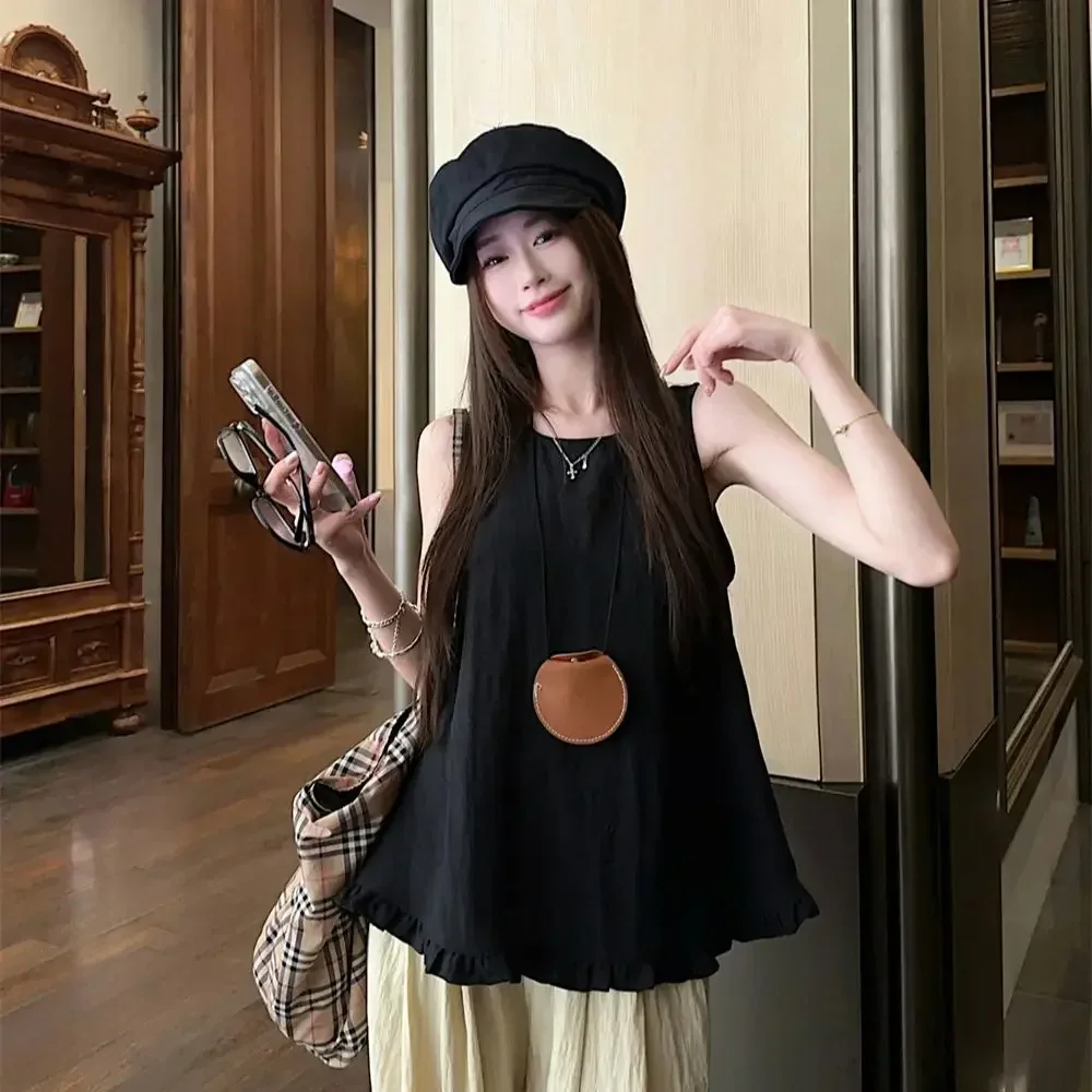 Francuskie falbanki bez rękawów Bluzka letnia Nowa Slim Unikalna Szykowna Moda damska