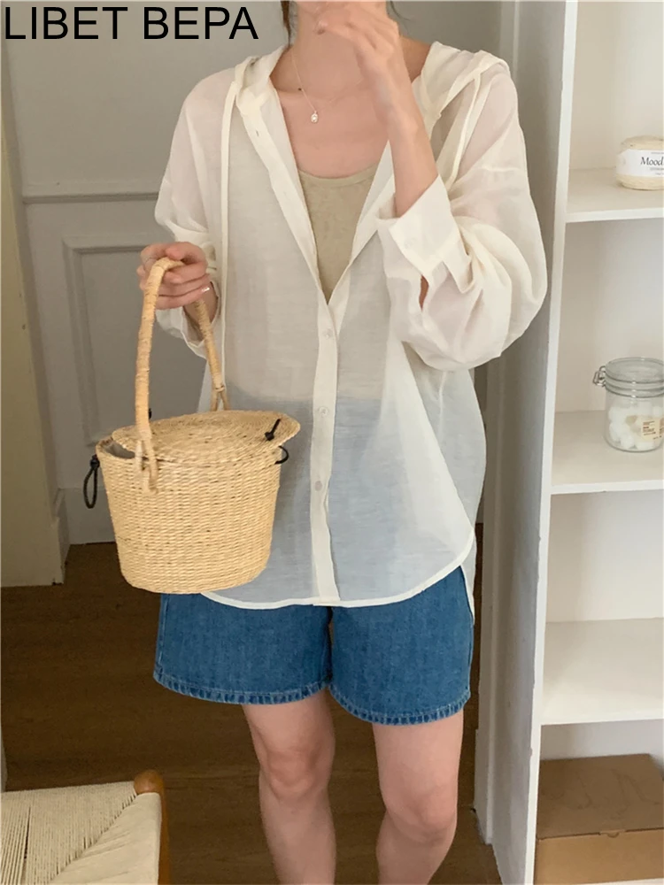 BL10085 New 2023 Korean Fashion Hooded Sunscreen Thin and Light Women Blouses Shirts Spring Summer Vintage Elegant Lady Tops