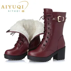 Mit hohen absätzen Aus Echtem Leder Frauen Winter Stiefel Dicke Wolle Warme Frauen Biker Stiefel Hochwertige Weibliche Schnee Stiefel K25