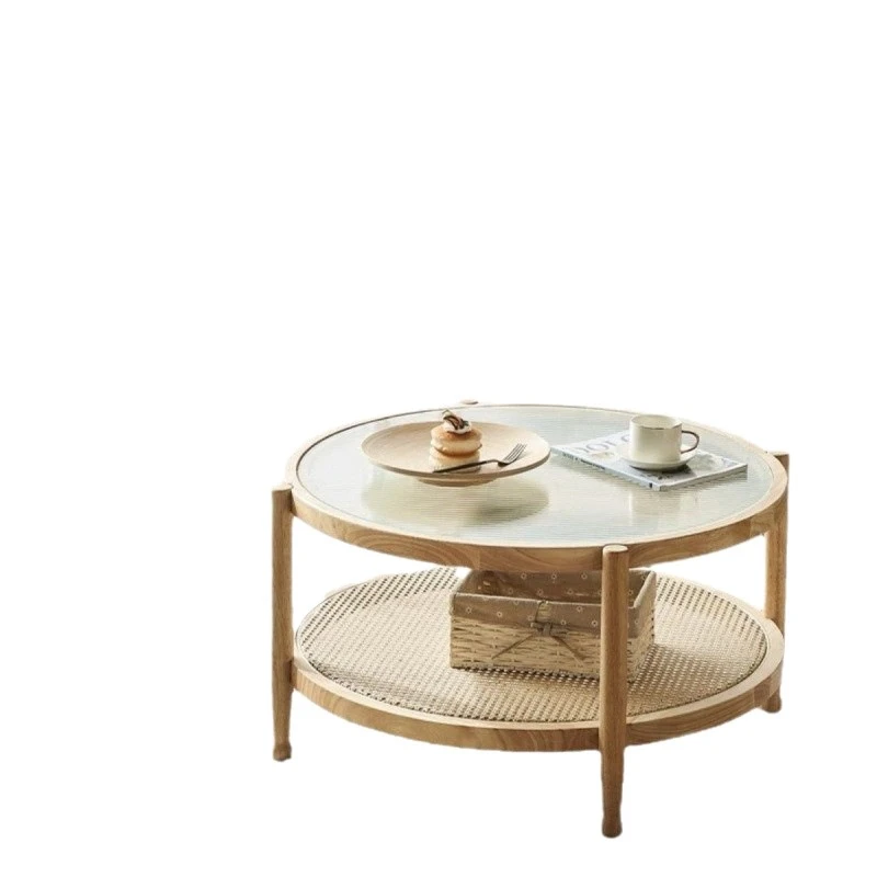

solid wood coffee table rattan combination double-layer living room household small apartment