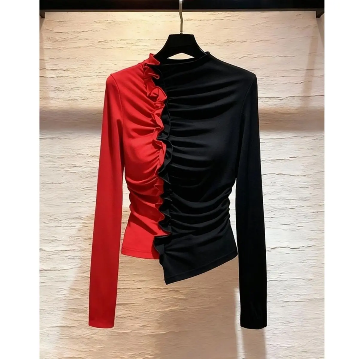 2026 Autumn New Fashion All-match Pleated Half Height Collar Long Sleeve T-shirts Ladies Fashionable Irregular Slim Undercoat
