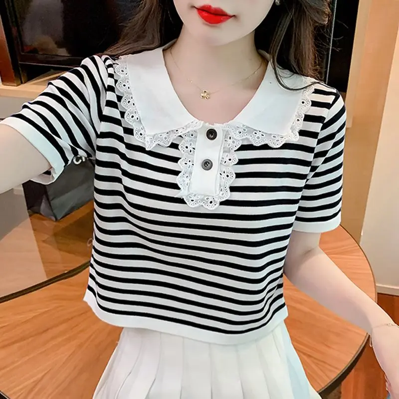 Women\'s Clothing Summer Turn-down Collar Ruffles Patchwork Pullover Short Sleeve Striped Button Contrast Color T-shirt Tops