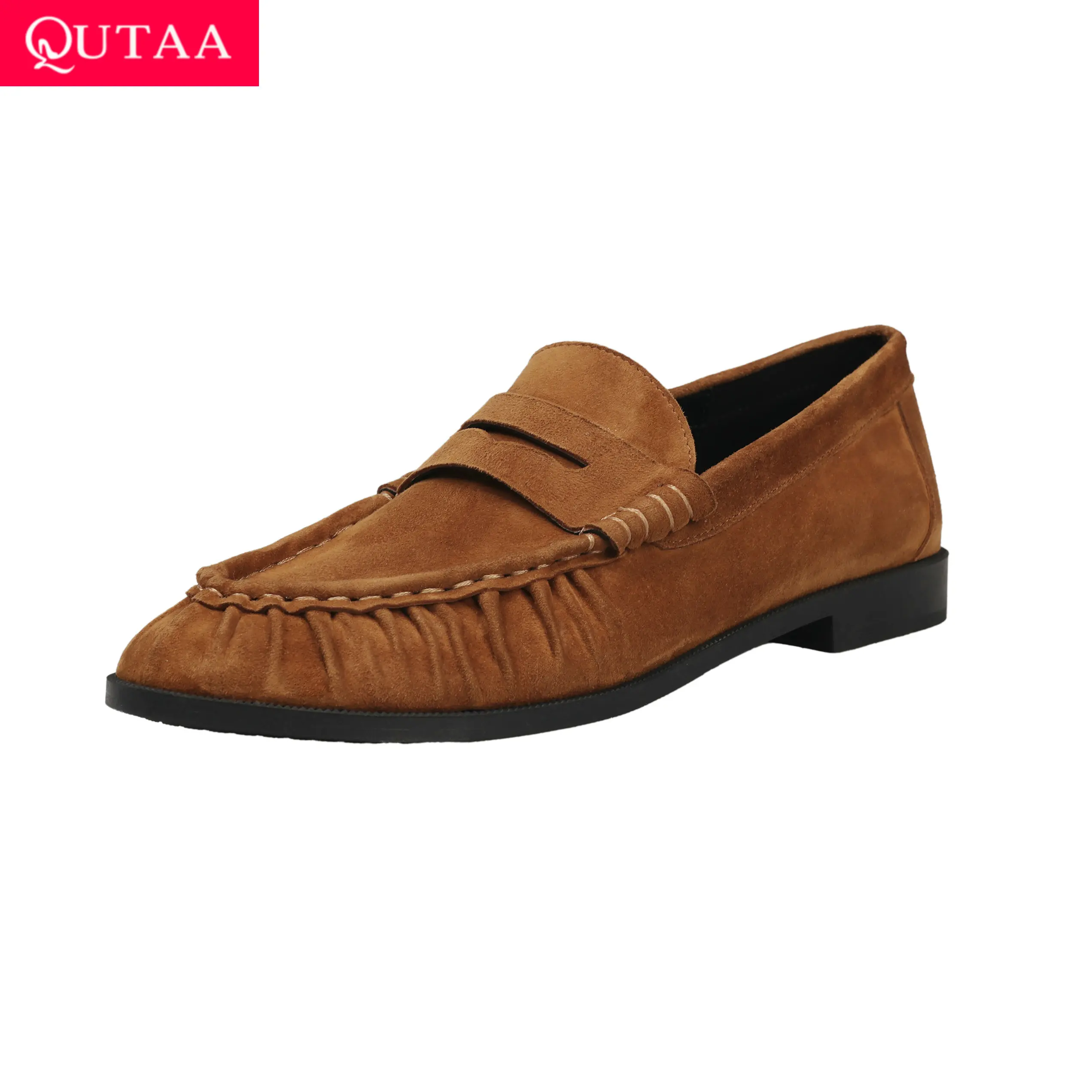 Модные женские туфли QUTAA, замшевые женские весенние лоферы, повседневная обувь из натуральной кожи, женская обувь без шнуровки с круглым носком, размеры 34-41