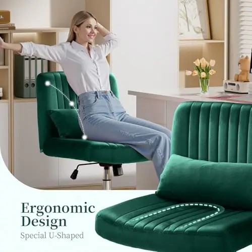 

Emerald Green Velvet Armless Swivel Chair With U-Shaped Ergonomic Cushion, Wide Seat For Office, Vanity Or Study Use