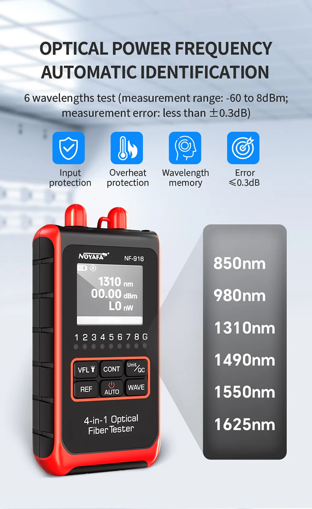 NOYAFA NF-916 Fiber Optical Power Meter VFL REF FC SC ST Visual Fault Locator LCD Display Fiber Optic Cable Tester Network Tools