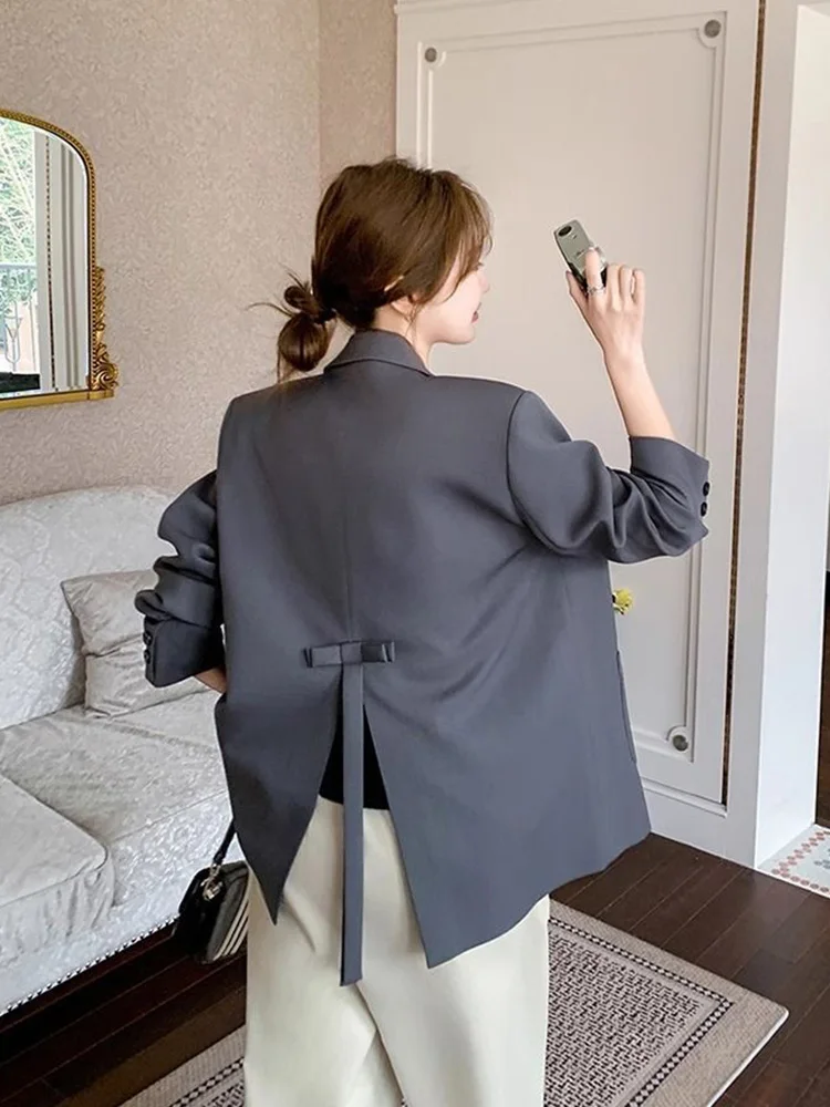 

Elegant Back Slit Bow Women Loose Vintage Long Sleeve Design Gray Suit Coats Casual Ins Fall Winter Korean Black Outwear