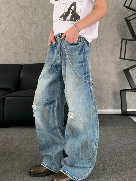 

American Sle Faded Denim Jeans Men's Loose Casual Slimming Wide Leg Long Pants Spring Autumn Trendy Brand Faionable