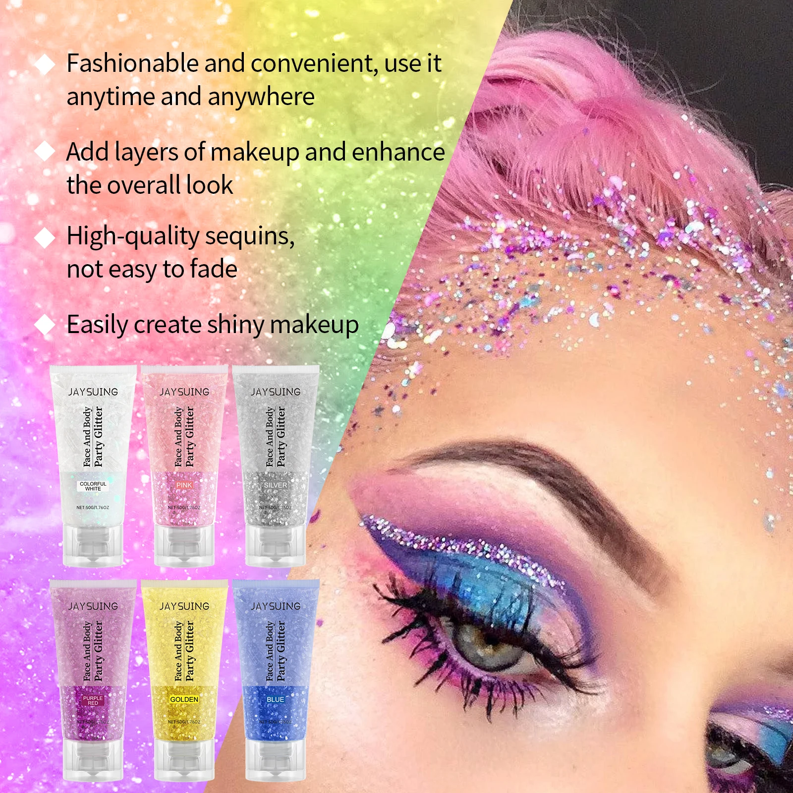 JAYSUING Body Glitter Gel Ombretto Liquido per unghie Capelli Gel con paillettes Impermeabile High Gloss Glitter Sparkling Shine Festival Trucco