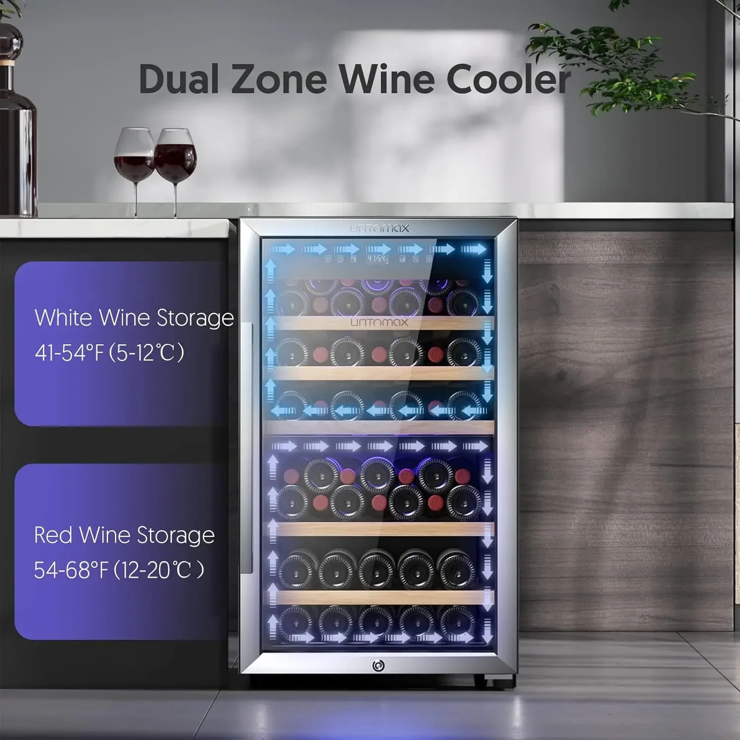 Koelkast Dual Zone 52 flessen (Bordeaux 750 ml), wijnkoeler koelkast vrijstaand met slot, 41F-68F digitale temperatuurregeling Co