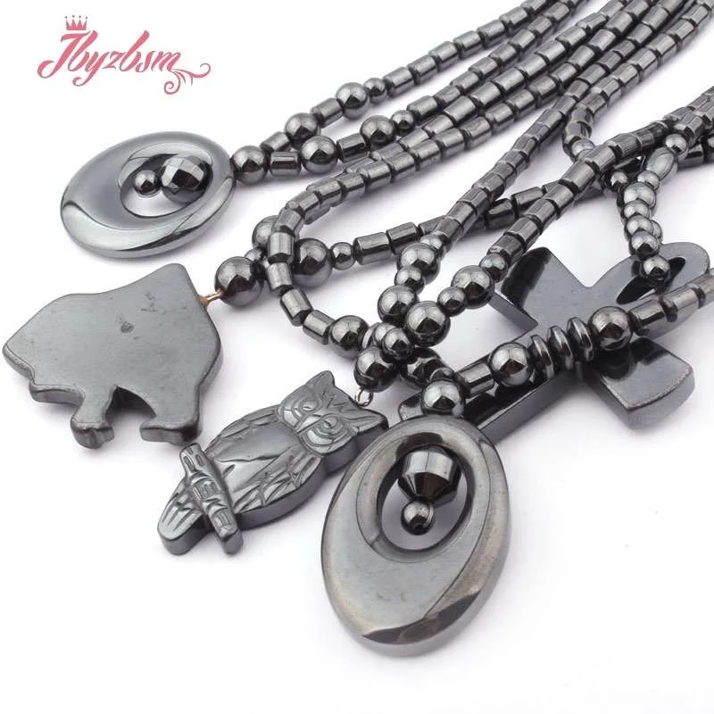 4x5mm Column Black Hematite Promote Blood Circulation Energy Healing Stone Heart Cross Pendant Necklace Jewelry Magnet Clasp 17\
