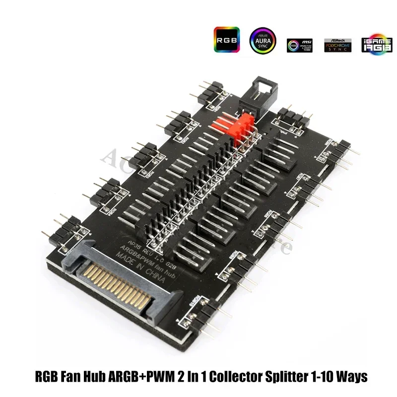 Hub Kipas RGB Kolektor PWM ARGB 2 In 1 Splitter, 2X 10 Cara MB 5V AURA SYNC, Konektor Daya SATA
