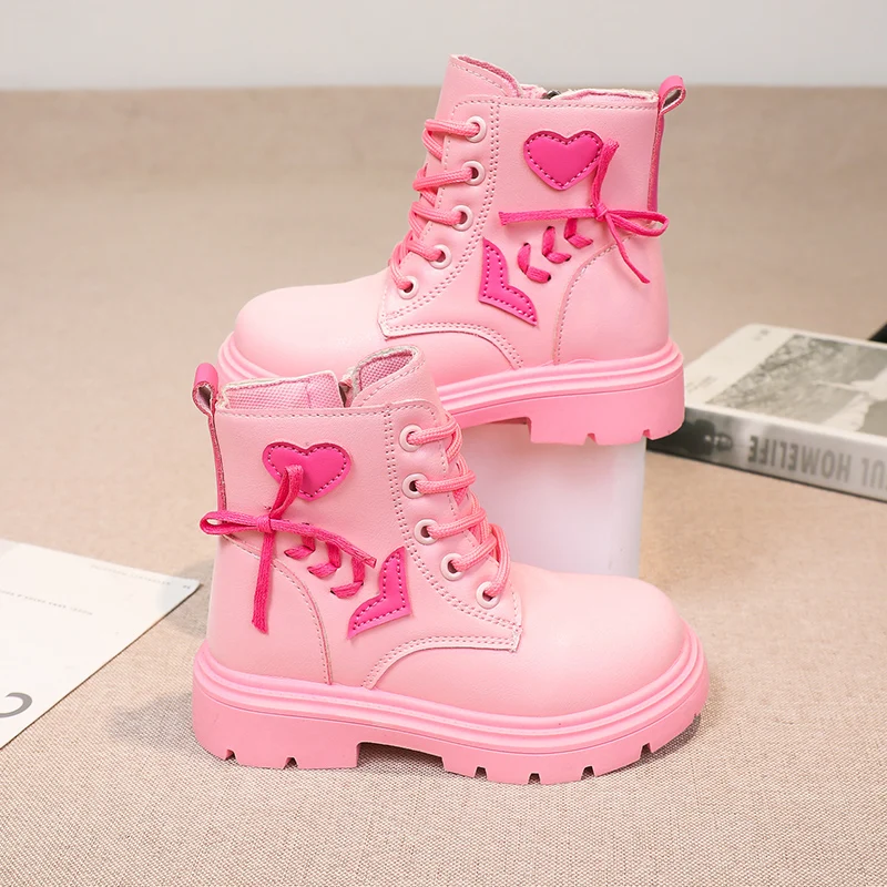 Children Fashion Boots Girls Ankle Boots Pink Elegant Zipper Cool Love Pattern Kids Princess Leather Boots Non-slip Size 26-37