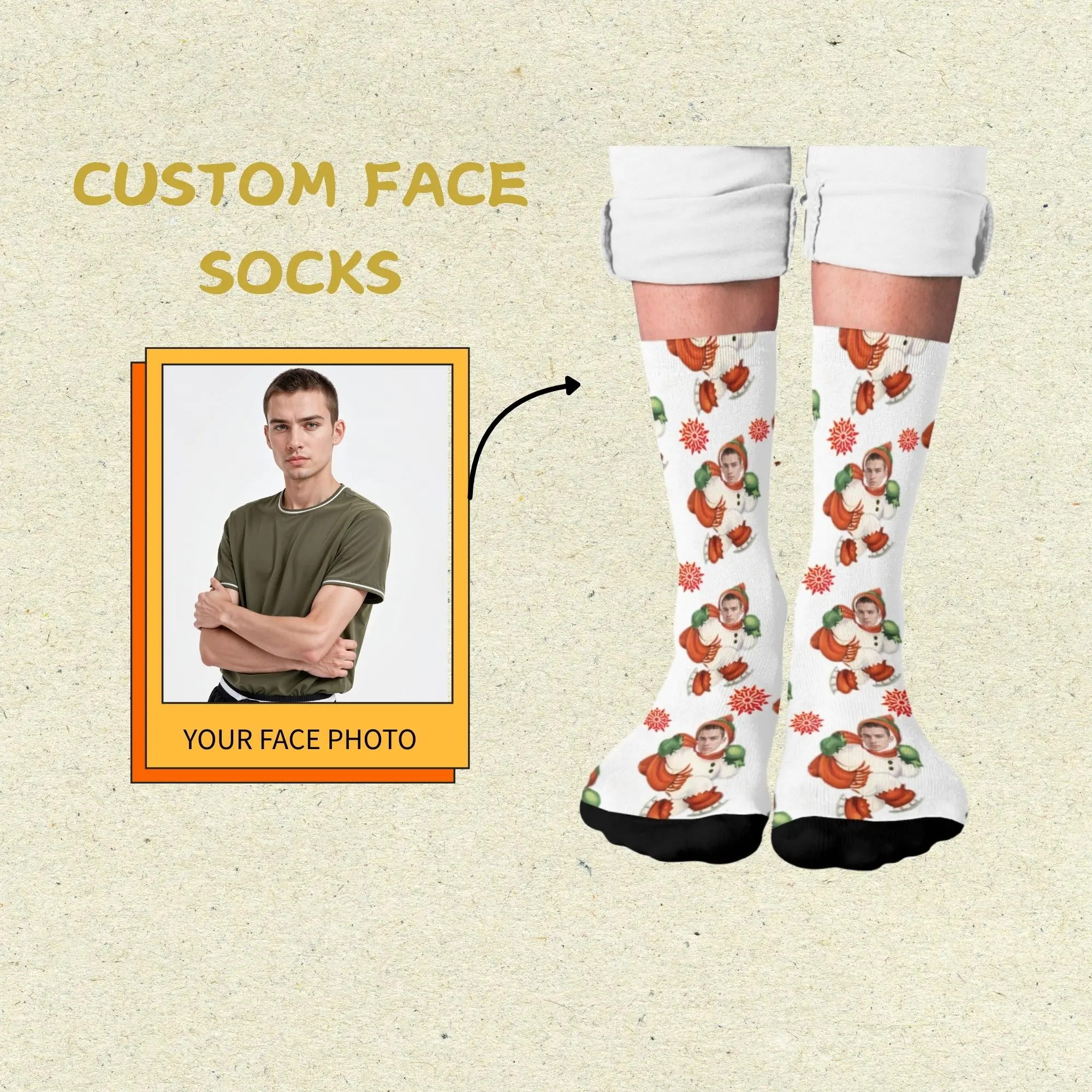 Calzini natalizi con pupazzo di neve con faccia personalizzata bianchi con fiocchi di neve rossi e punta nera Esilarante regalo personalizzato per la celebrazione delle vacanze