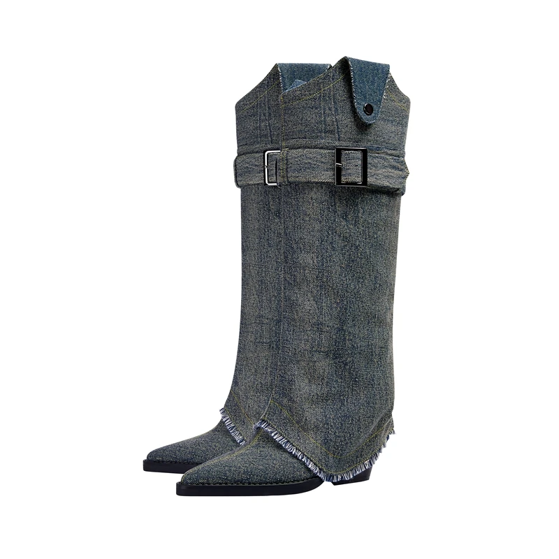 Kaky's new denim pointed high heels oversized women's boots, long boots, high boots, skirt boots 44 45 46