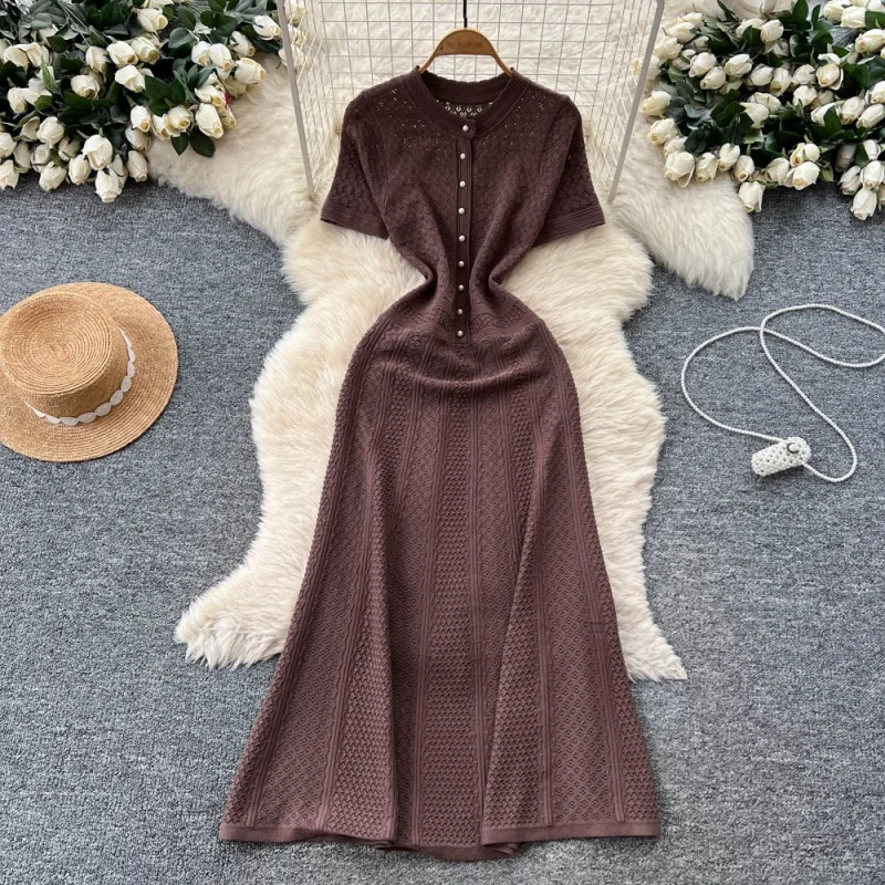 Elegante uitgeholde gebreide jurk zomerkleding dames 2026 korte mouw O-hals slanke lange jurken Franse stijl brei jurk