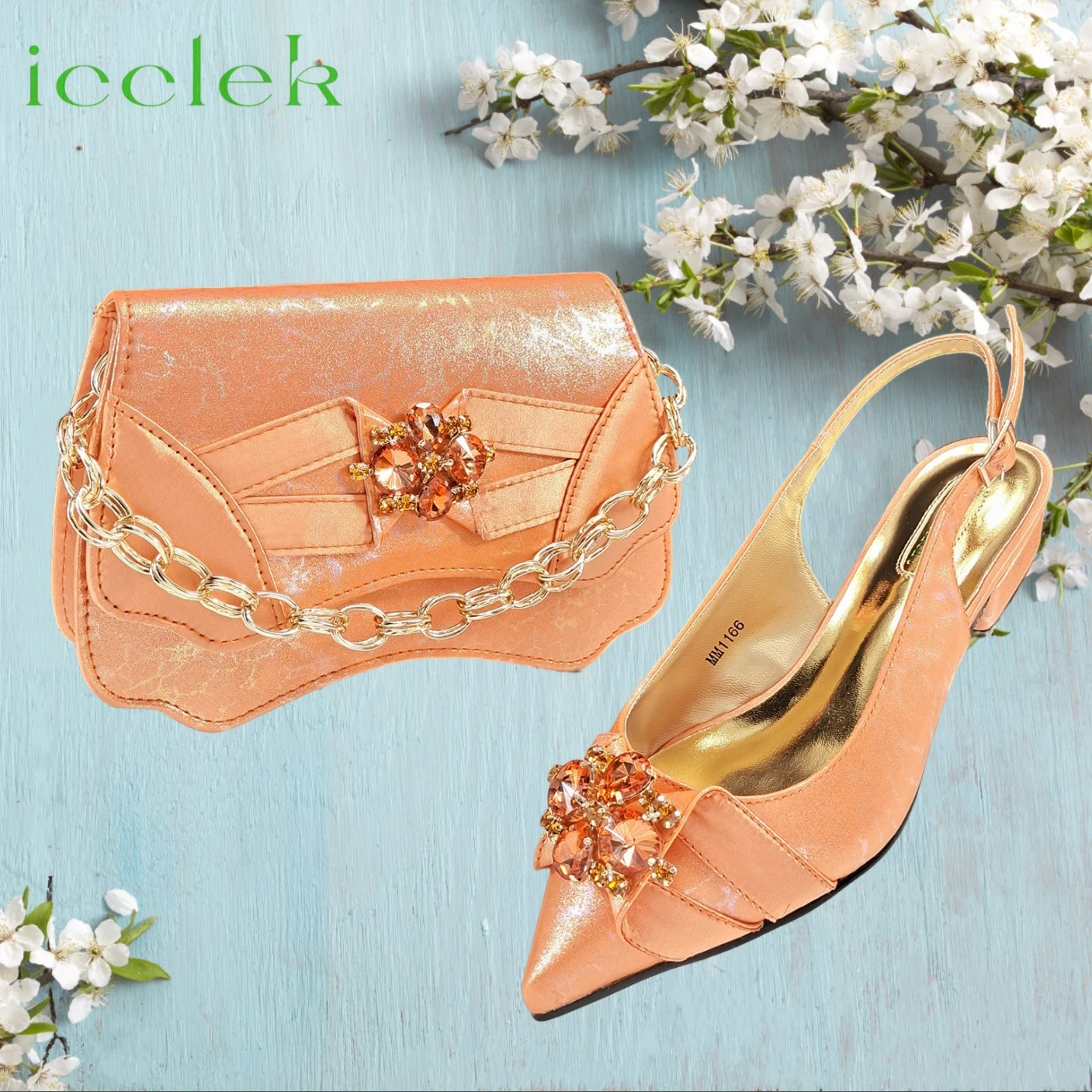 

2025 Newest INS Style Orange Color Elegant Low Heels Nigeria Popular Design African Ladies Shoes And Bag Set For Wedding Party