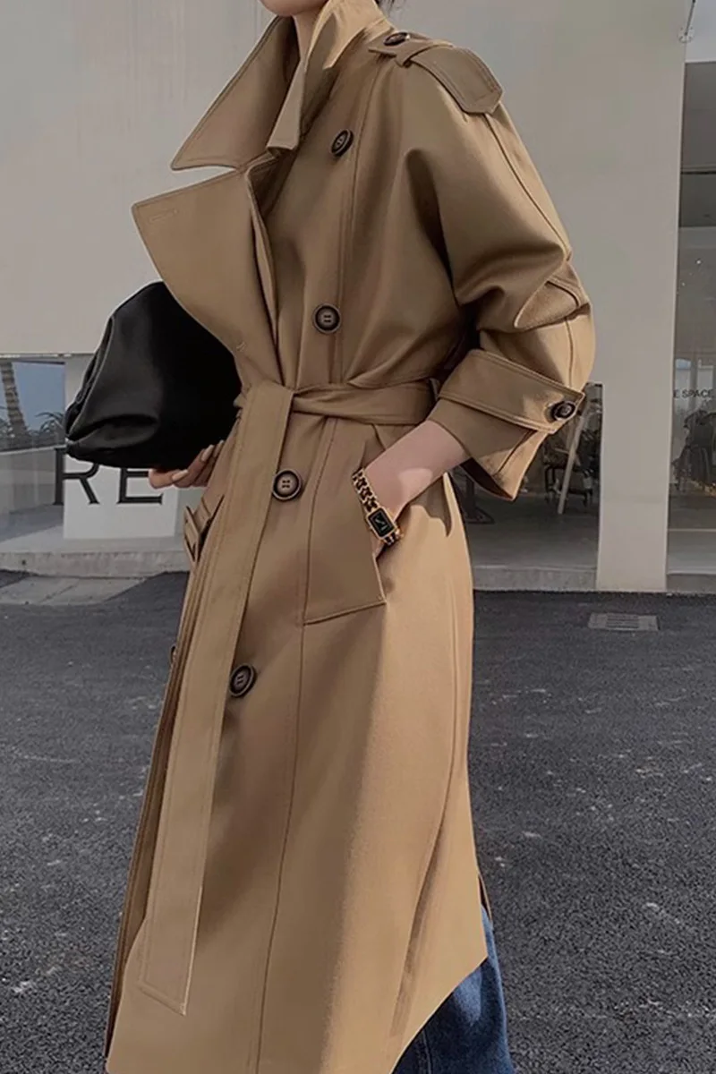 2023 Women Autumn Dark Khahi Trench Coat Turn Down Collar Women Long Coat With Belt Casaco Feminino New Trench Femme