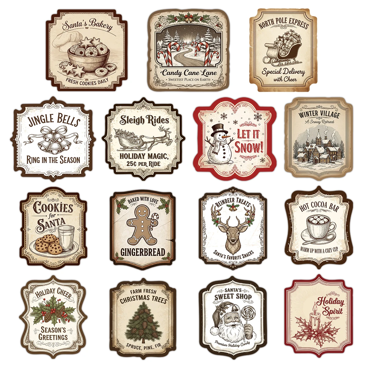15 Stück Retro-Weihnachtsaufkleber – sortierte Winteraufkleber, Etiketten für Zuckerstangen, Kekstüten, DIY-Handwerk, Scrapbooking, Party-Dekoration