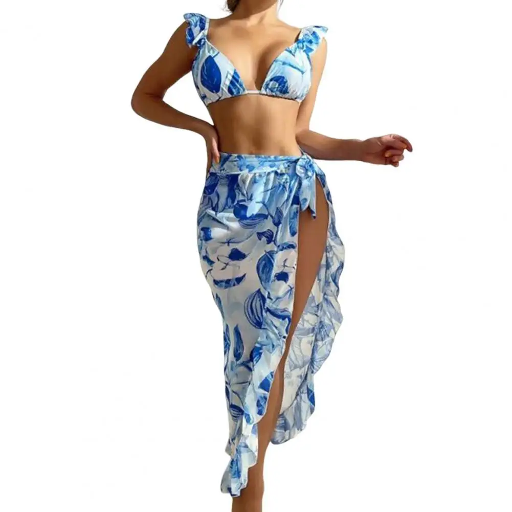 3Pcs/Set Micro Triangle Flying Sleeve Bikini Skirt Set Elastic Waist Floral Printing Bra Thong Ruffle Trim Cover Up for Swimming