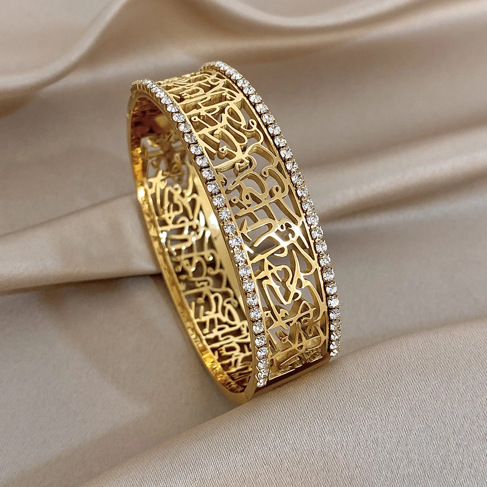 Glossy Zircon Gold Plated Stainless Steel Cuff Bangle for Women Abstract Geometric Pattern Wide Bracelets Waterproof Jewelry
