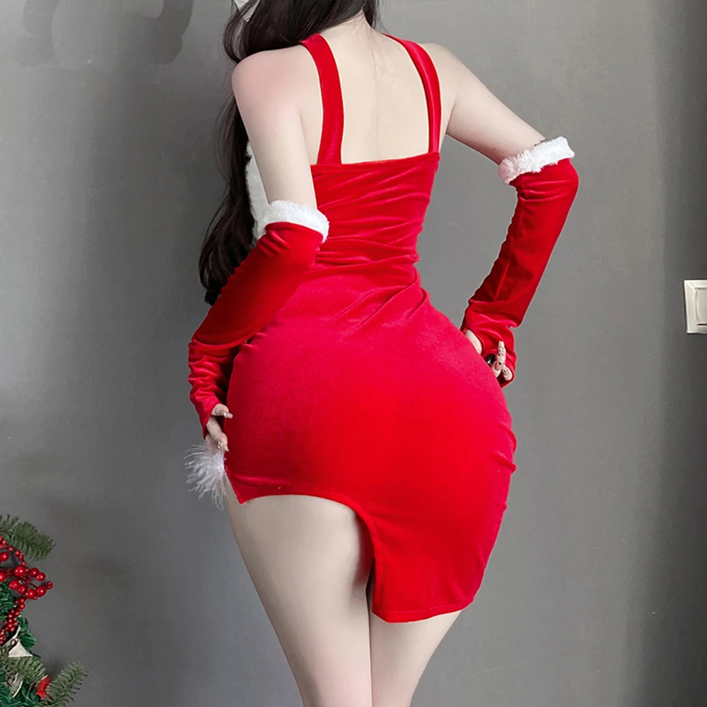 Autumn Winter Christmas Irregular Party Velvet Dress Sexy Santa Lingerie Lady Mini Club Dress Halter Bodycon Dress Night Dress