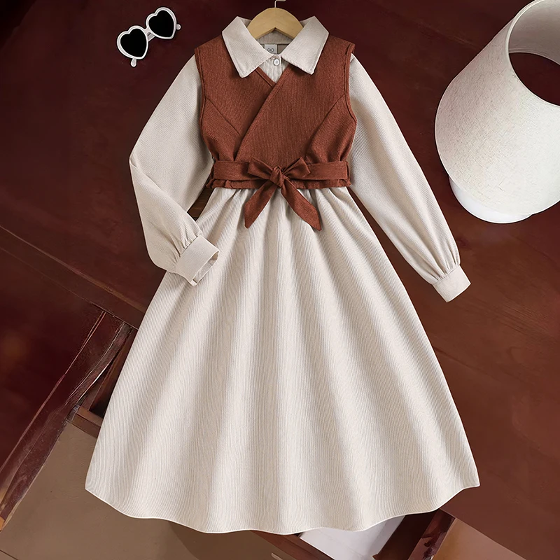 New Autumn 2PCS Kids Clothing Brown Vest & Beige Turn Down Collar Long Sleeve A-Line Dress For Girls 8-12 Years Korean Style