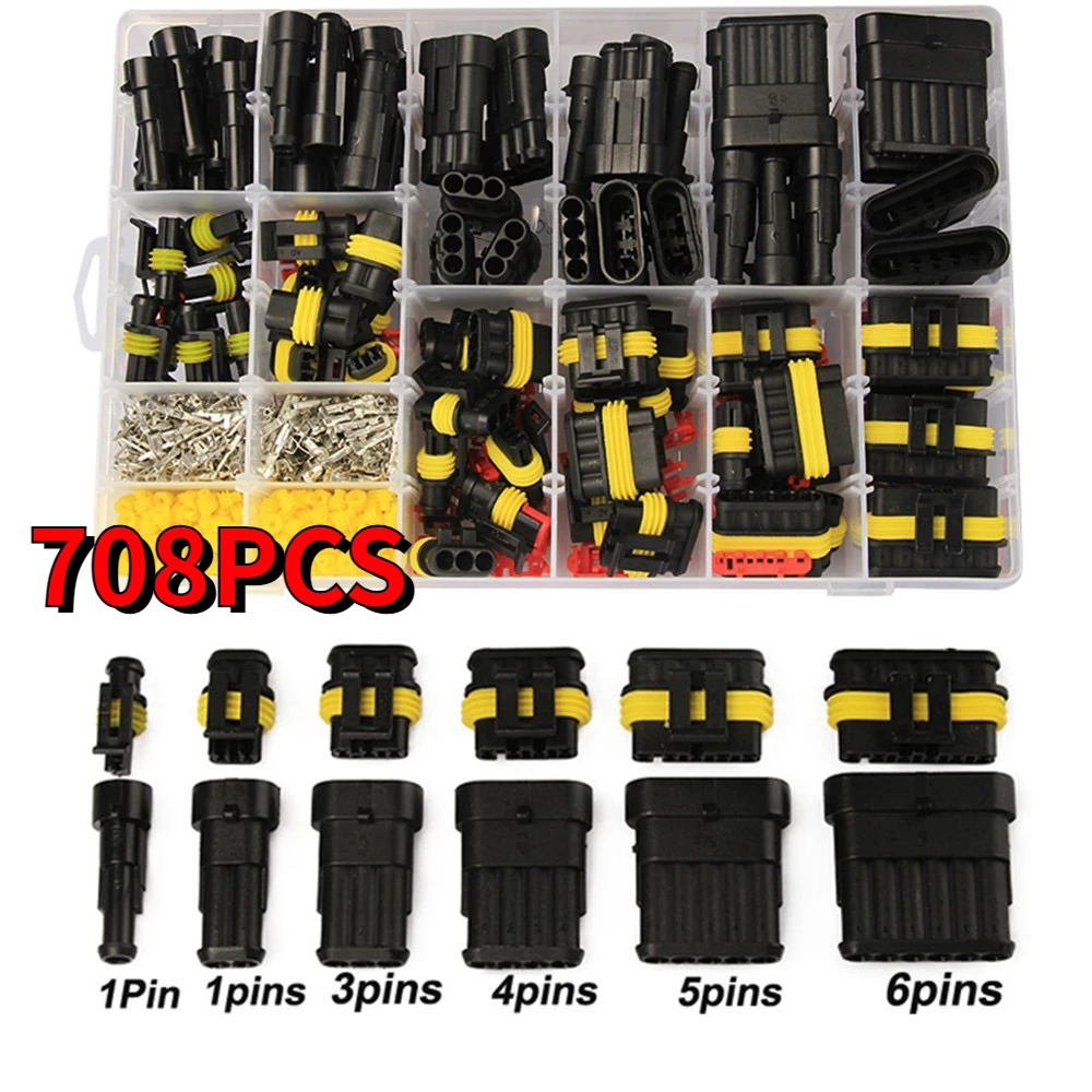 

708PCS 1-6Pins HID Waterproof Connectors 43 Sets Car Marine Seal Electrical Wire Connector Plug Truck Harness 300V 12A