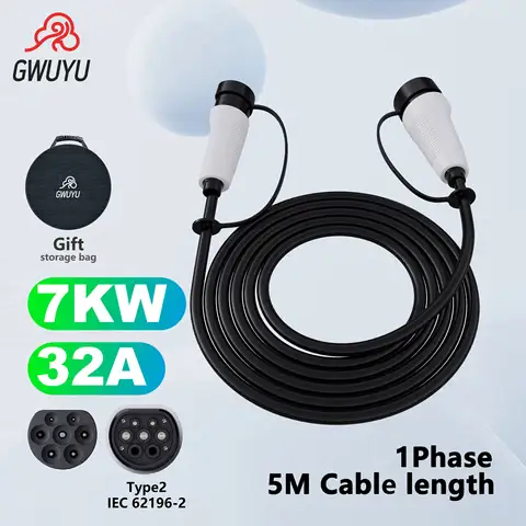 GWUYU O11 Car EV Charging Extension Cable 5M 3.5KW 7KW 11KW 22KW 16A 32A 3 Phase 250V 480V for Electric Vehicle Type 2 Charger
