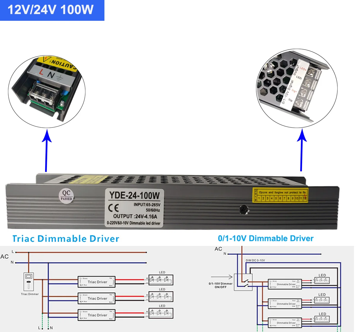 Carcasa de aluminio de CA 220V a cc 12V/24V, 60W, 100W, controlador LED regulable, Triac y 0-10V, atenuación 2 en 1, fuente de alimentación,