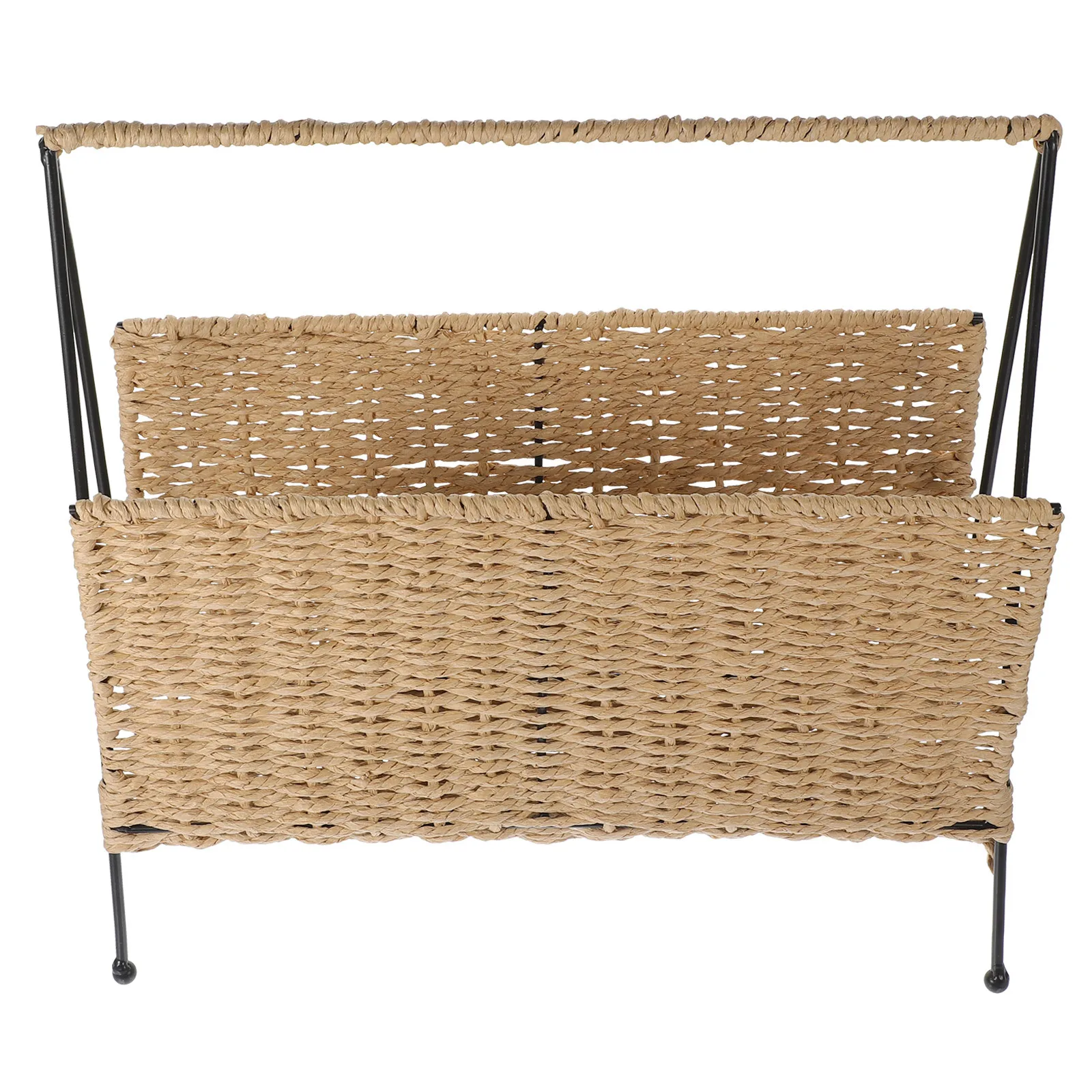 

Iron Frame Storage Basket Woven Book Holder Rustic Style Organizer for Home Bedside Magazine Snack Storage Japanese Design