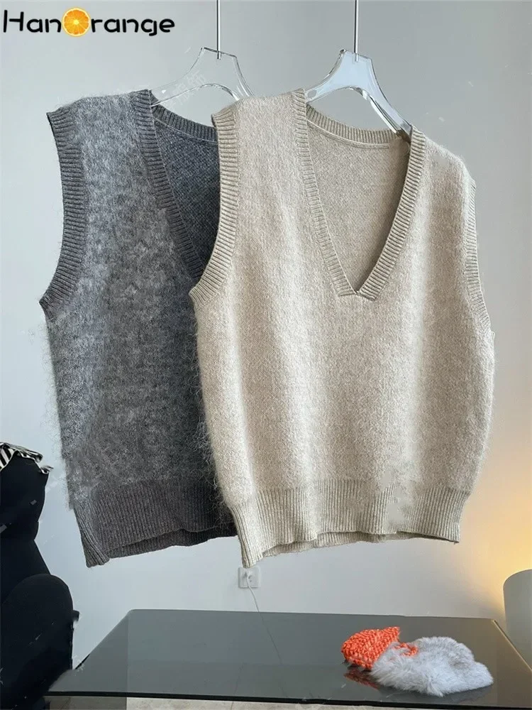 HanOrange 2024 Autumn Winter Simple Soft Mohair V-neck Sweater Women Knitted Vest Grey/Oat