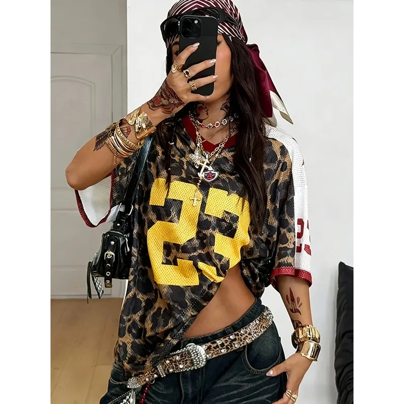 Summer Street Hip-Hop Style Sporty V-Neck Short-Sleeved Leopard Print Lettering Pattern Loose Quick-Drying Men Women's T-Shirt