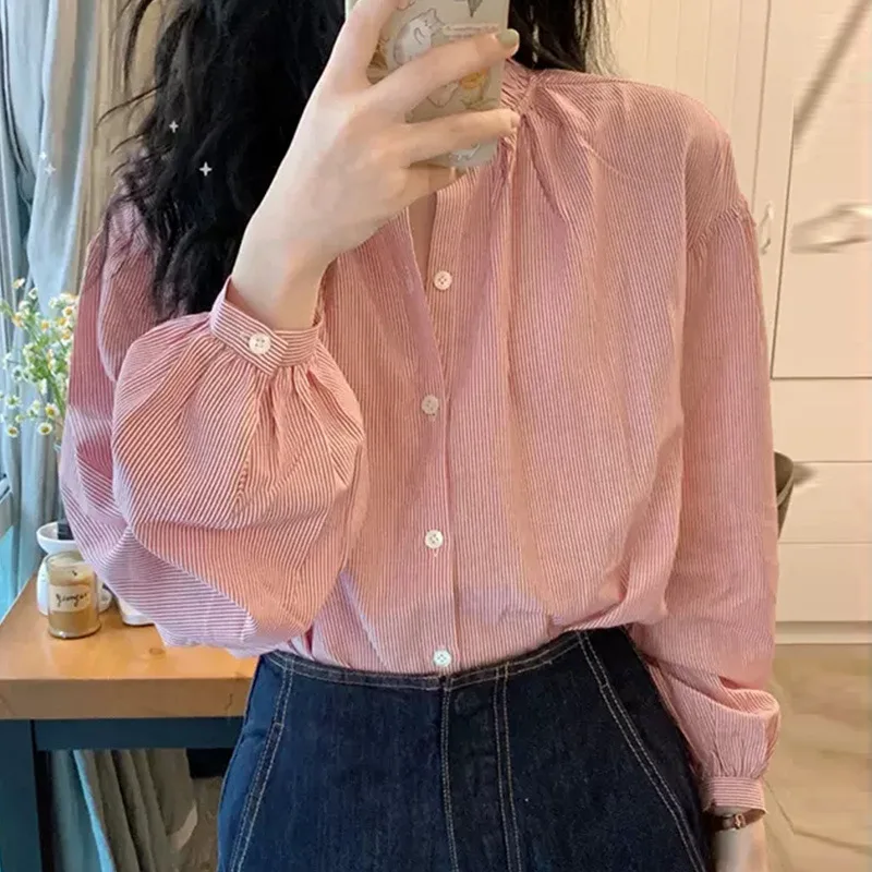 

2025Spring and Autumn New European and American Style Striped Print Round Neck Ruffled Long Sleeve Shirt Women PG5365