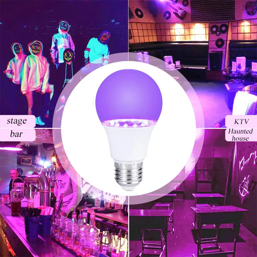 E27 9W UV Purple Black Light Bulb Glow in the Dark Ultraviolet Lamp Blacklight Body Paint Bar Fluorescent Party Decoration Bulb