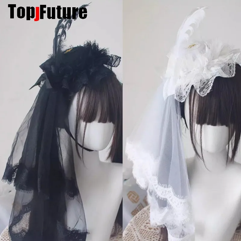 

Элегантные заколки для волос в стиле Лолита, Y2K, готика, панк, Харадзюку, рок, с вуалью и перьями, маленькая шляпка, заколка-зажим для волос