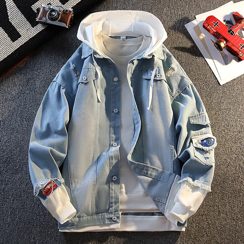 

2025 New Korean Fake Two-Piece Denim Jacket for Men Hooded Trendy Patchwork Design Jacket Youthful BF Couple Street Outerwear