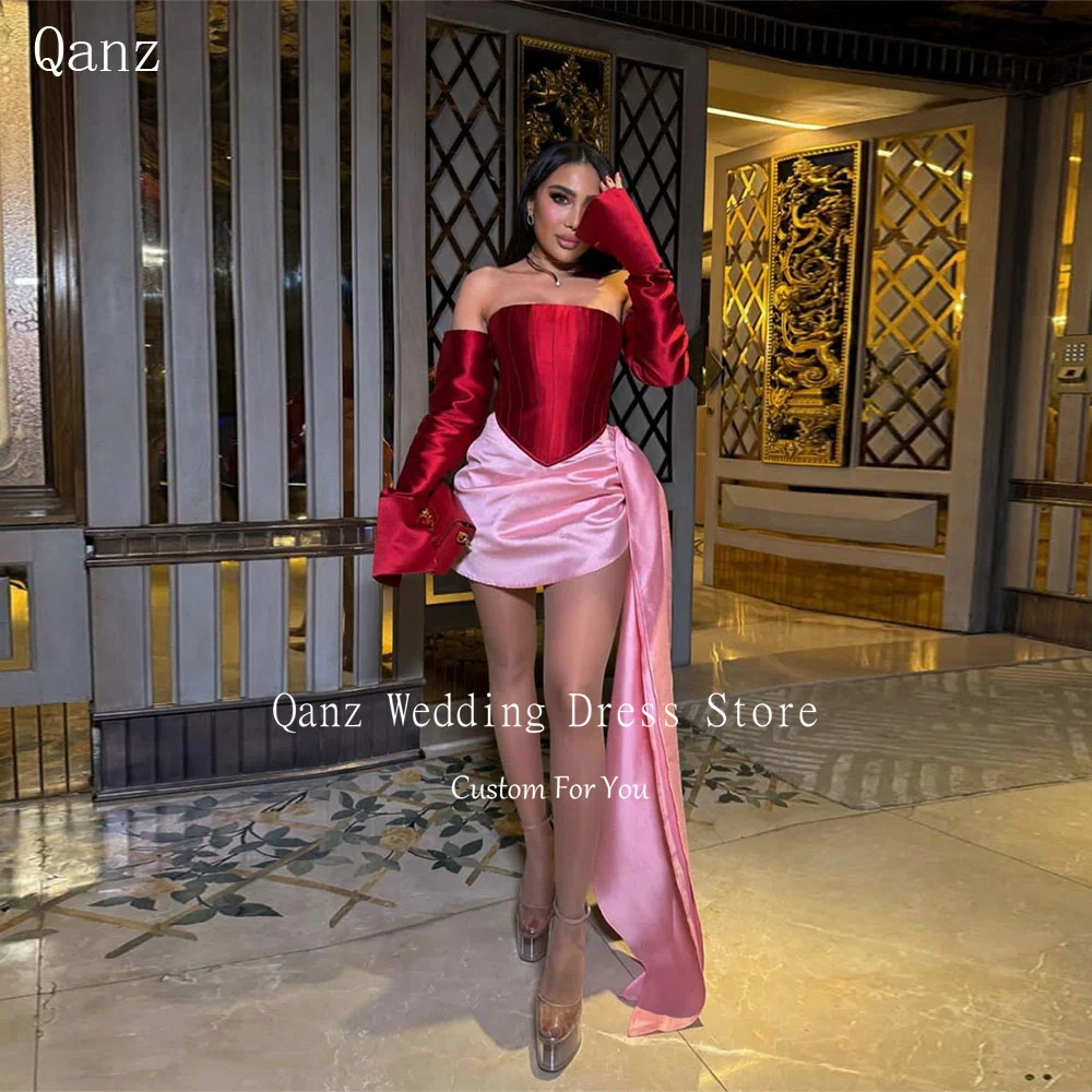 Qanz Mini Prom Dresses Sexy Mermaid Strapless Vestidos De Celebridades Corset Back Long Sleeves Special Event Dress Customized