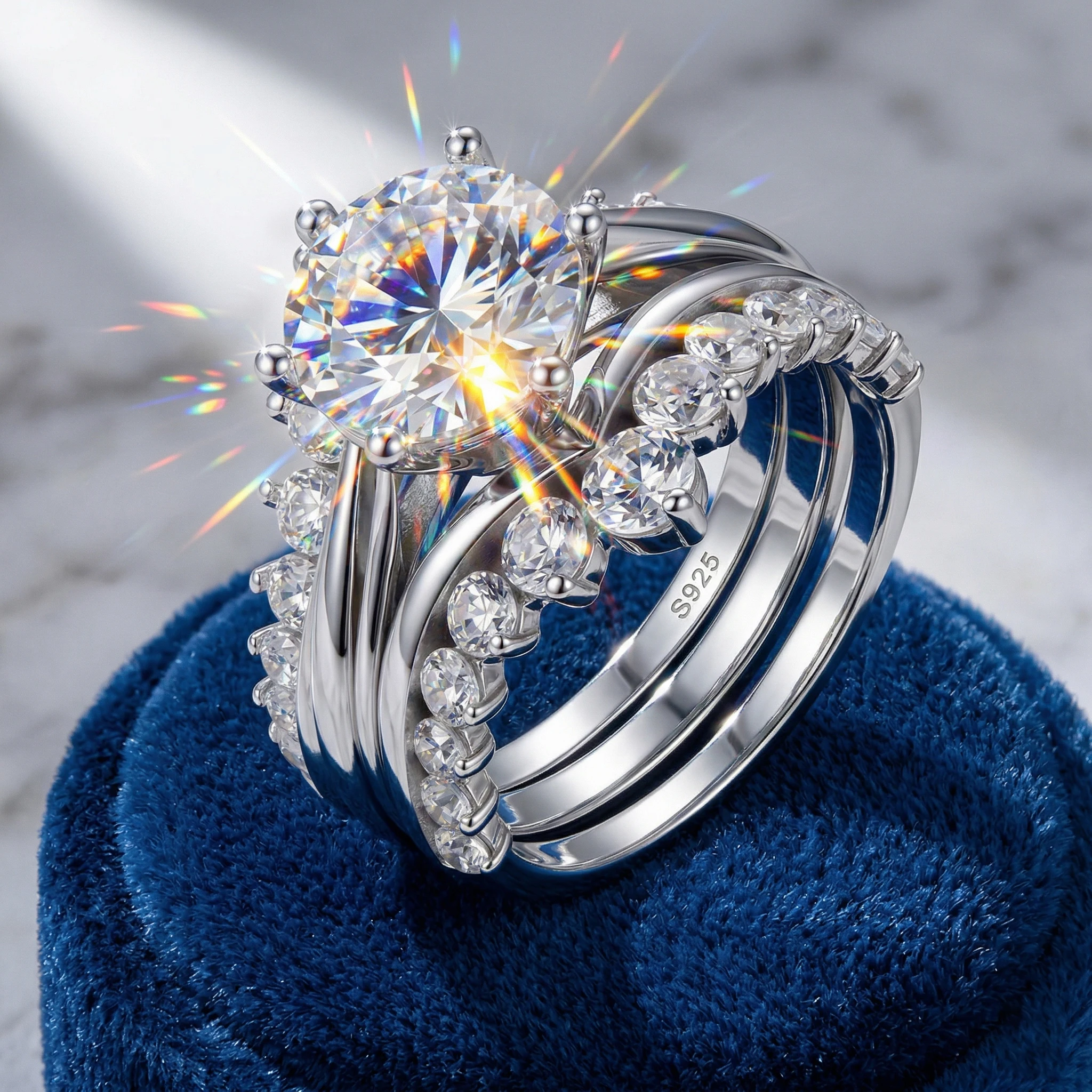 

2 Carat D Color VVS1 Moissanite Crown Ring Set, 925 Sterling Silver, 6 Prong Solitaire Engagement Ring, GRA Certificate