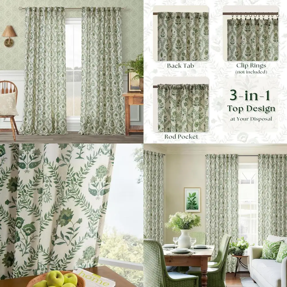 

Olive Green Floral Curtains 120 for Living & Dining Rooms - Leaf Pattern Linen Drapes with Shabby Chic Style