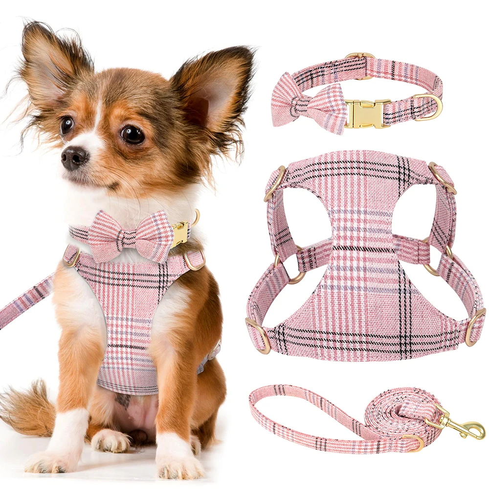 

Fashion Dog Collar Harness Leash Set Cute Bowtie Puppy Cat Collars Vest Harness with Lead Belt for Small Medium Dogs Cats Pink