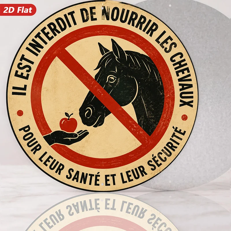 2D Flat, 1pc Horse Feeding Warning Round Metal Sign Wall Art, Ideal for Studio Garden, French Warning Text, Black Horse Head