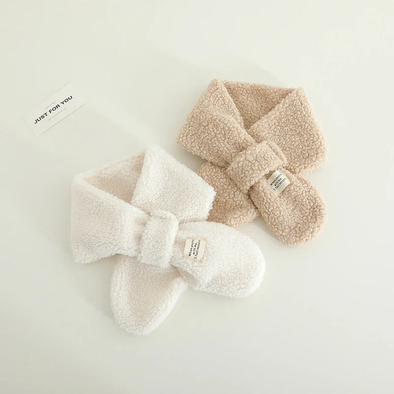 Winter Warm Baby Scarf Solid Color Lamb Wool Kids Neck Warmer Boys Girls Windproof Warm Cross Scarves