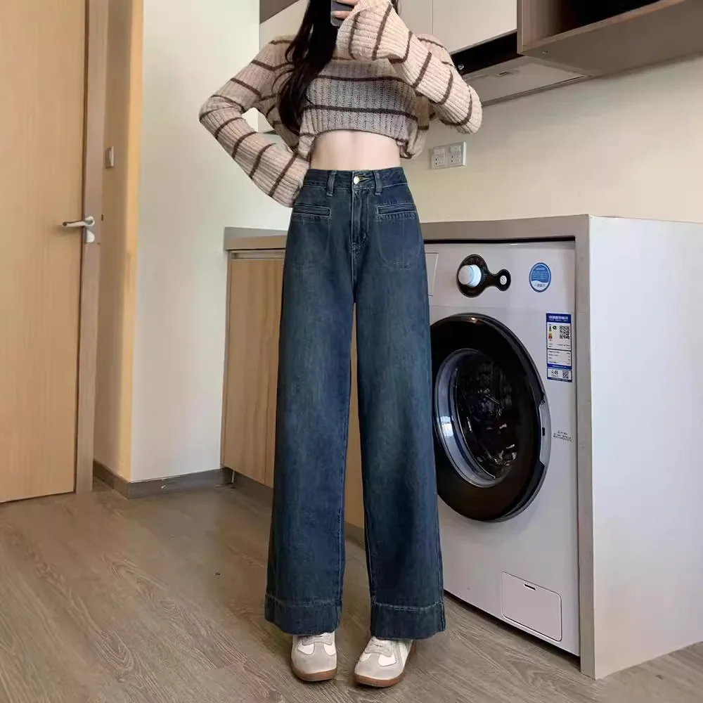 Straight Jean Ankle Length Denim Pants Women Jeans High Waist Spliced Distressed Vintage Zipper Fly 2025 Loose Fit Washed