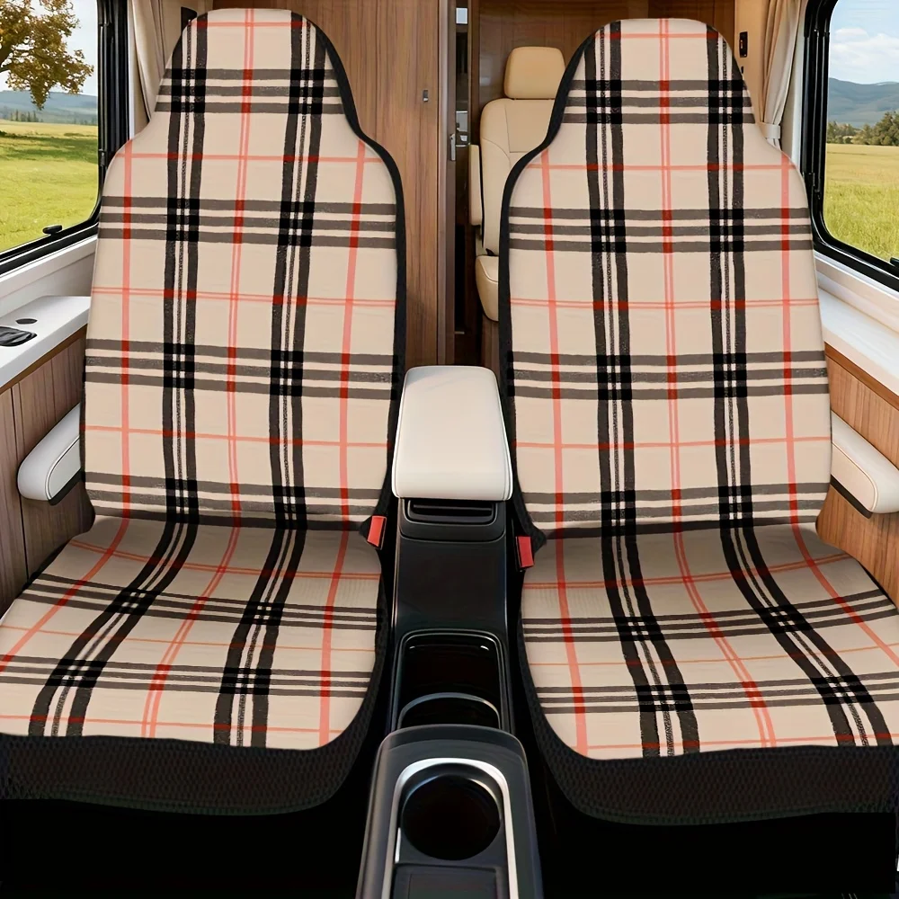 2pcs, Front Seat Cover With Vintage Check Plaid Print, Fit Most Of Vehicles, Improves Ride Comfort And Suitable For All Seasons,