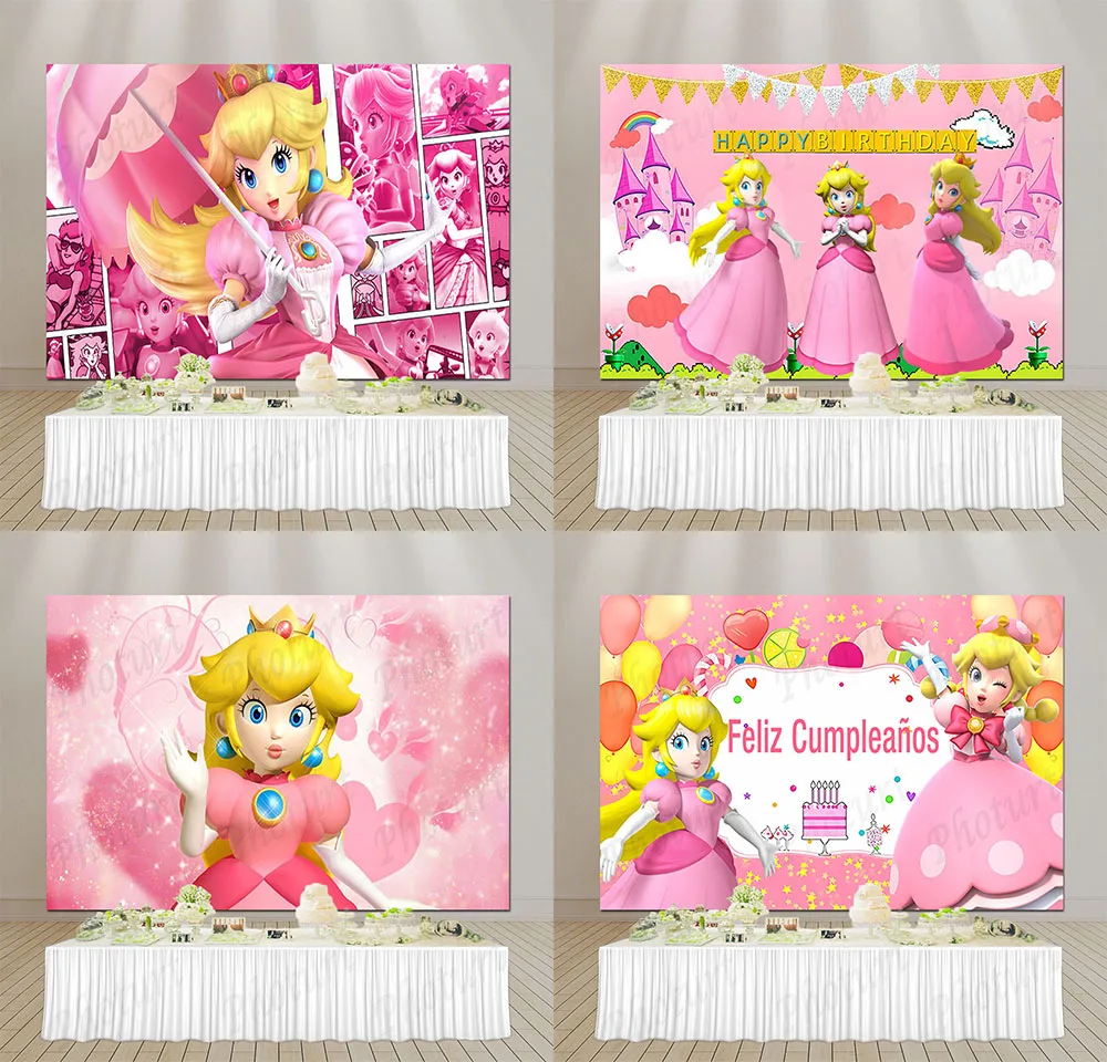 Pink Princess Peach Girl Backdrop Birthday Party Decoration Background Amusement Game Vinyl Polyester Photography Decor Props