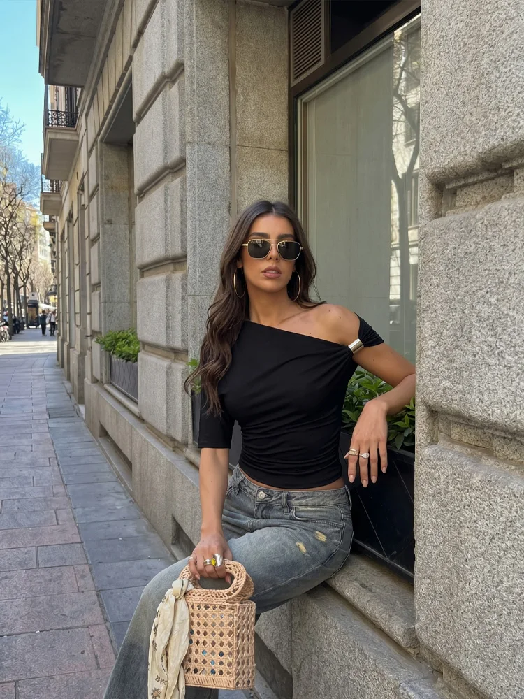 HH Women Vintage Off Shoulder Top Elegant Solid Pleated Asymmetrical Short Sleeve Slim T-Shirts Summer Daily Night Out Chic Tops